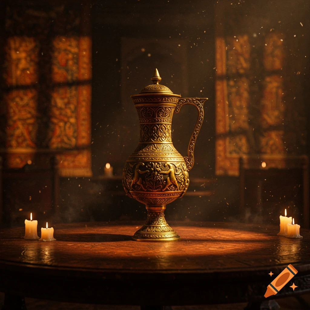 Ornate golden pitcher on a wooden table, lit by candles in a dim, richly decorated room.