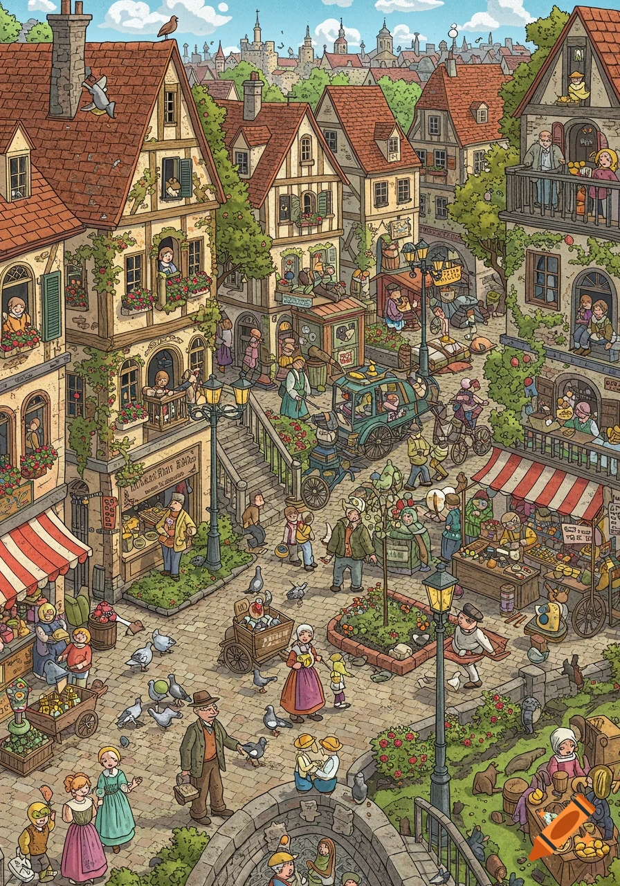 A detailed wimmelbild illustration of a bustling medieval town square with market stalls, shops, and numerous people and animals.