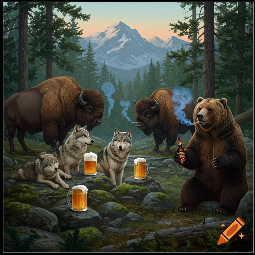 A grizzly bear holding a beer bottle and smoking a cigarette, with two smoking bison and three wolves with beer mugs in a mountain forest.