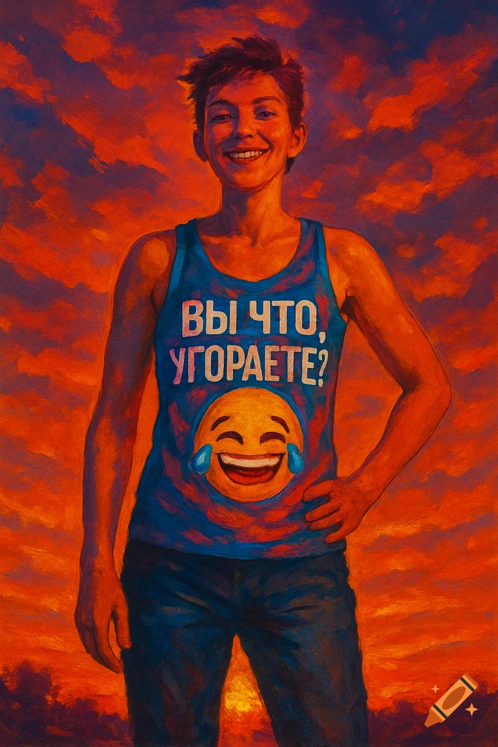 Painterly image of a smiling person in a blue tank top with Russian text and a laughing emoji, standing against a fiery sunset sky.