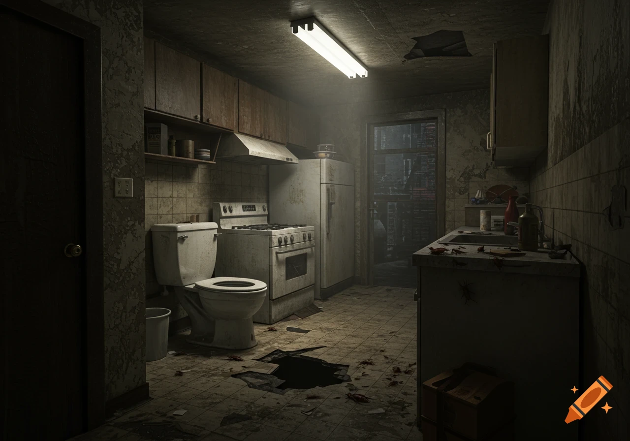 Dilapidated, roach-filled New York City apartment kitchen with a toilet, hole in floor, and old appliances, in a dark, gritty style.