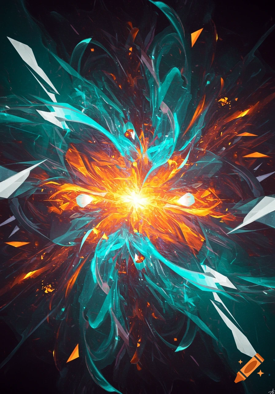 Vibrant abstract art with a glowing orange and teal explosion of sharp shapes and wisps against a dark background.