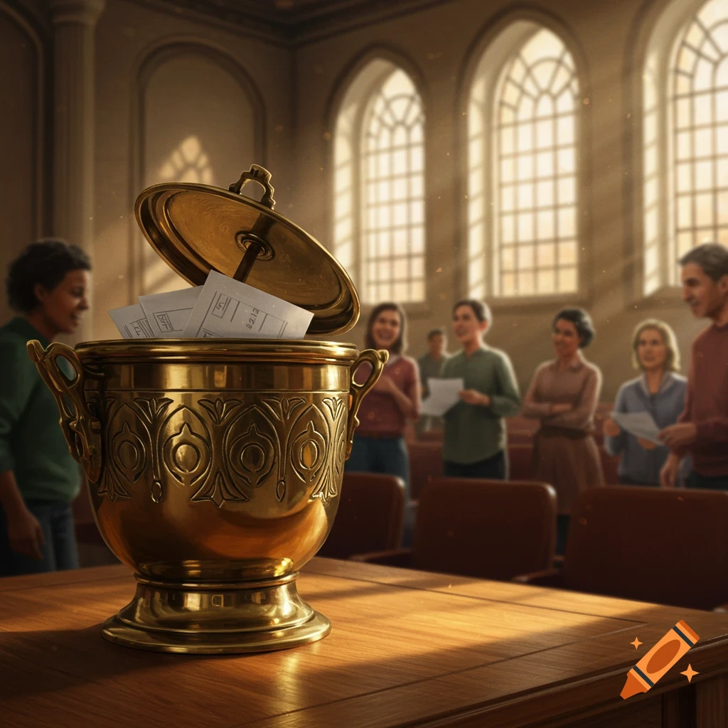 A golden ornate urn filled with papers sits on a wooden table in a sunlit hall with large windows, as several blurry people stand in the background.