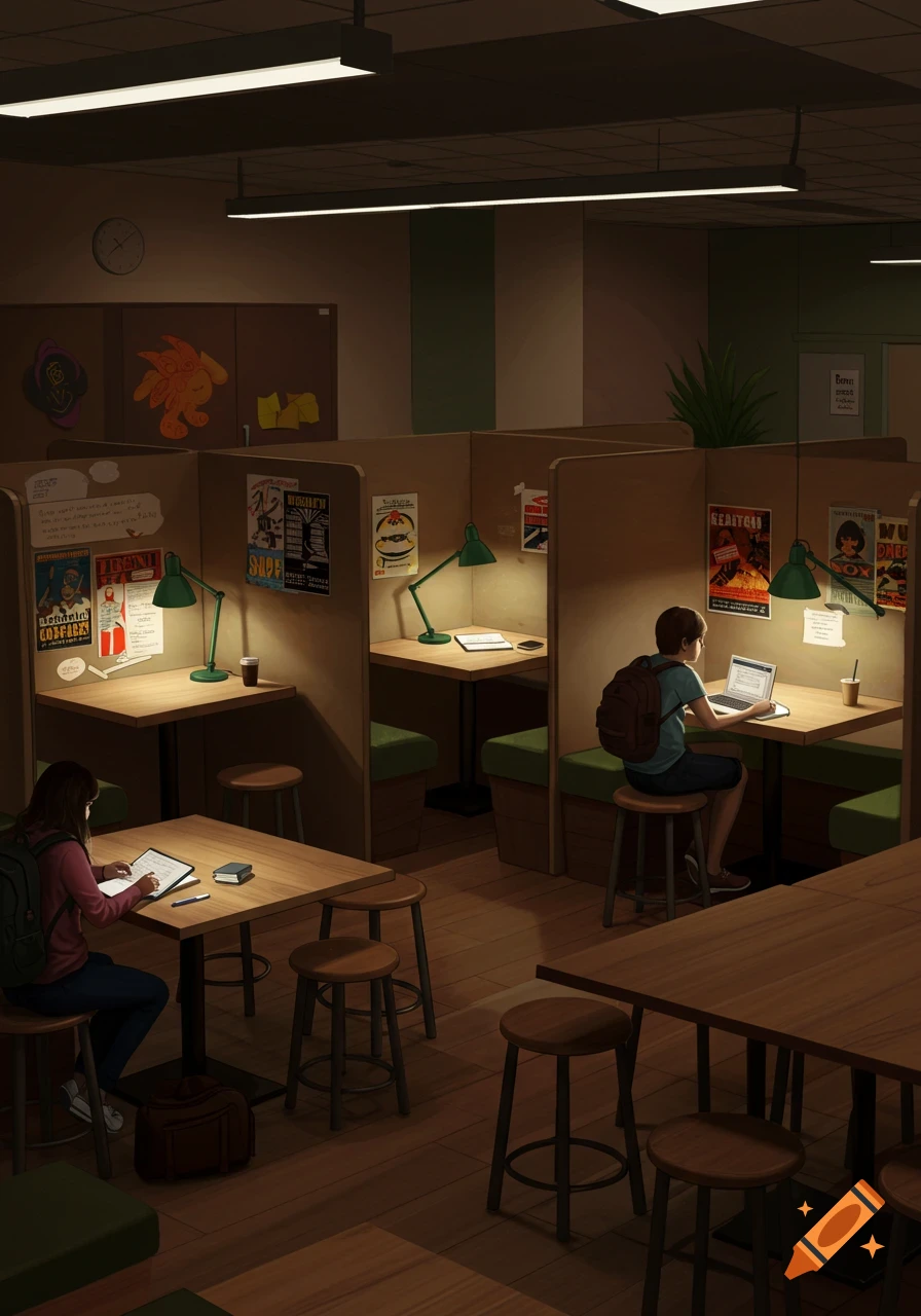 An atmospheric shot of a dimly lit student cafe or study area, with individuals working at partitioned booths under desk lamps.