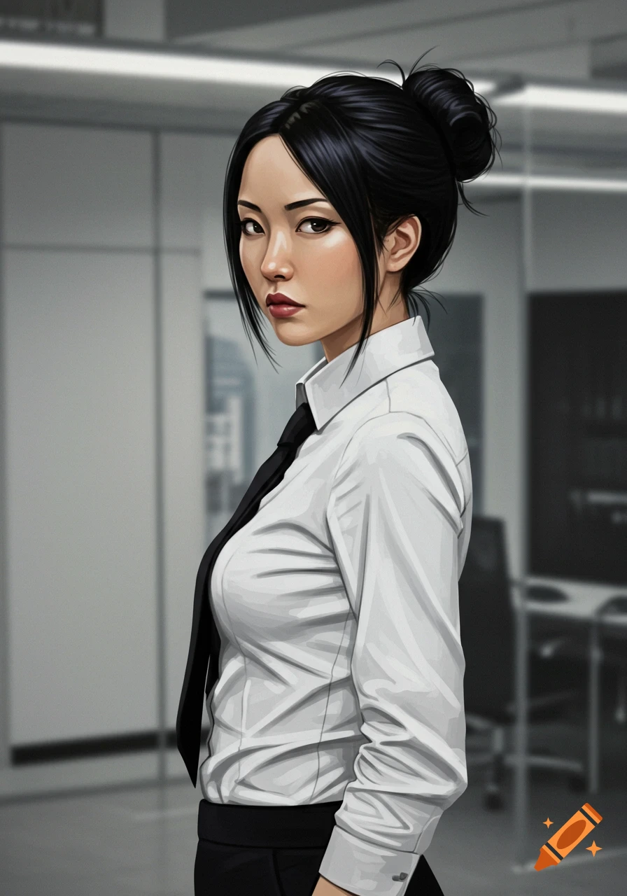 Digital art portrait of a Japanese woman with black hair tied up, wearing a white shirt and black tie, looking sternly.