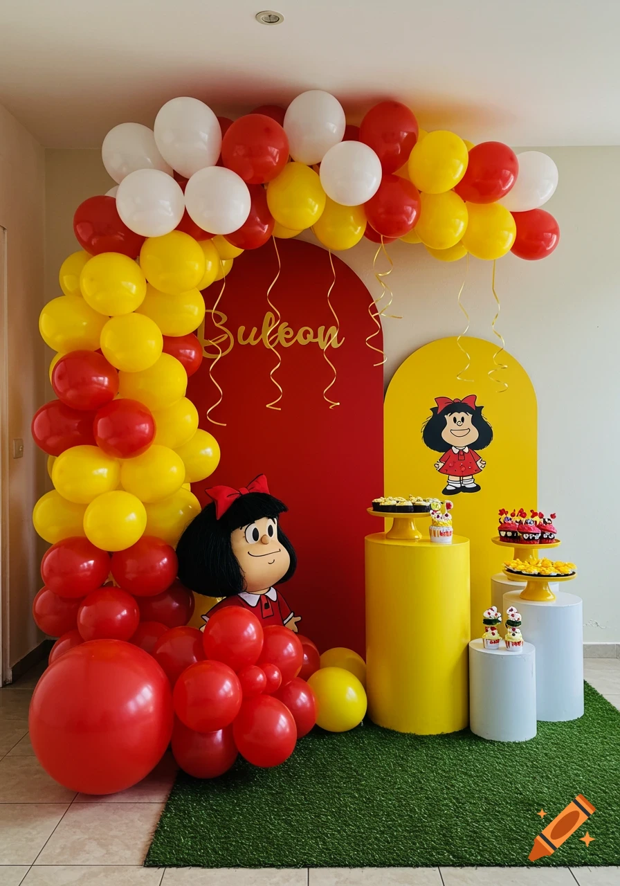 A vibrant Mafalda-themed birthday decoration featuring red, yellow, and white balloon arches, a Mafalda standee, and dessert tables with cupcakes.