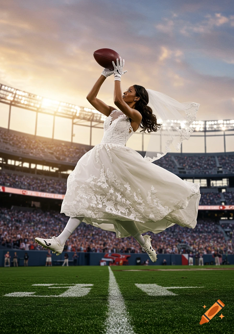 A woman in a wedding dress and cleats leaps to catch a football in a crowded stadium under a dramatic sky.