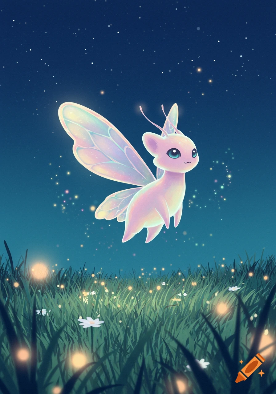 A cute, glowing pink fairy creature with iridescent wings hovers above a field of grass and fireflies at night.