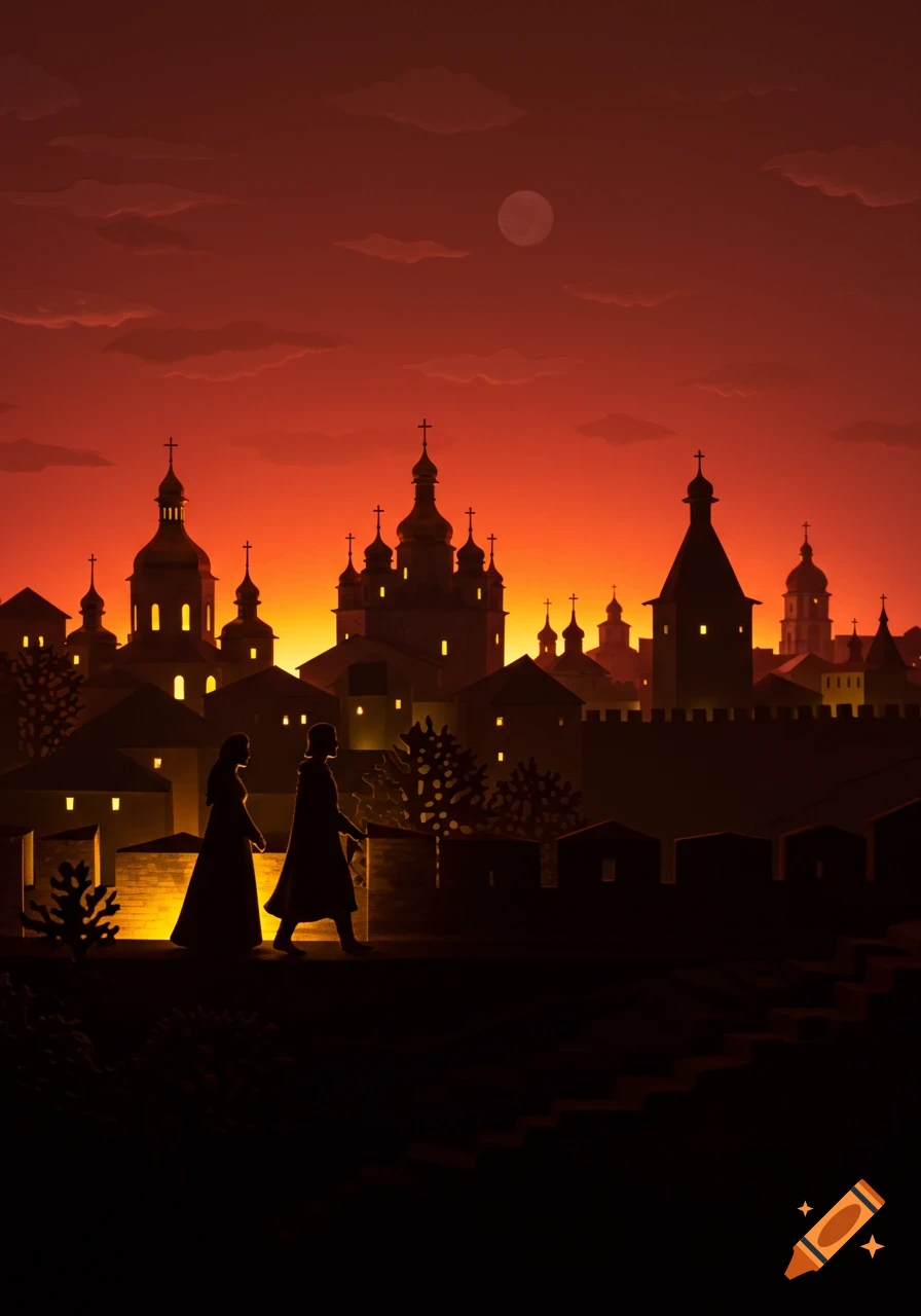 Stylized illustration of two silhouetted figures walking on city walls at sunset, with glowing church domes and a moon in a red sky.