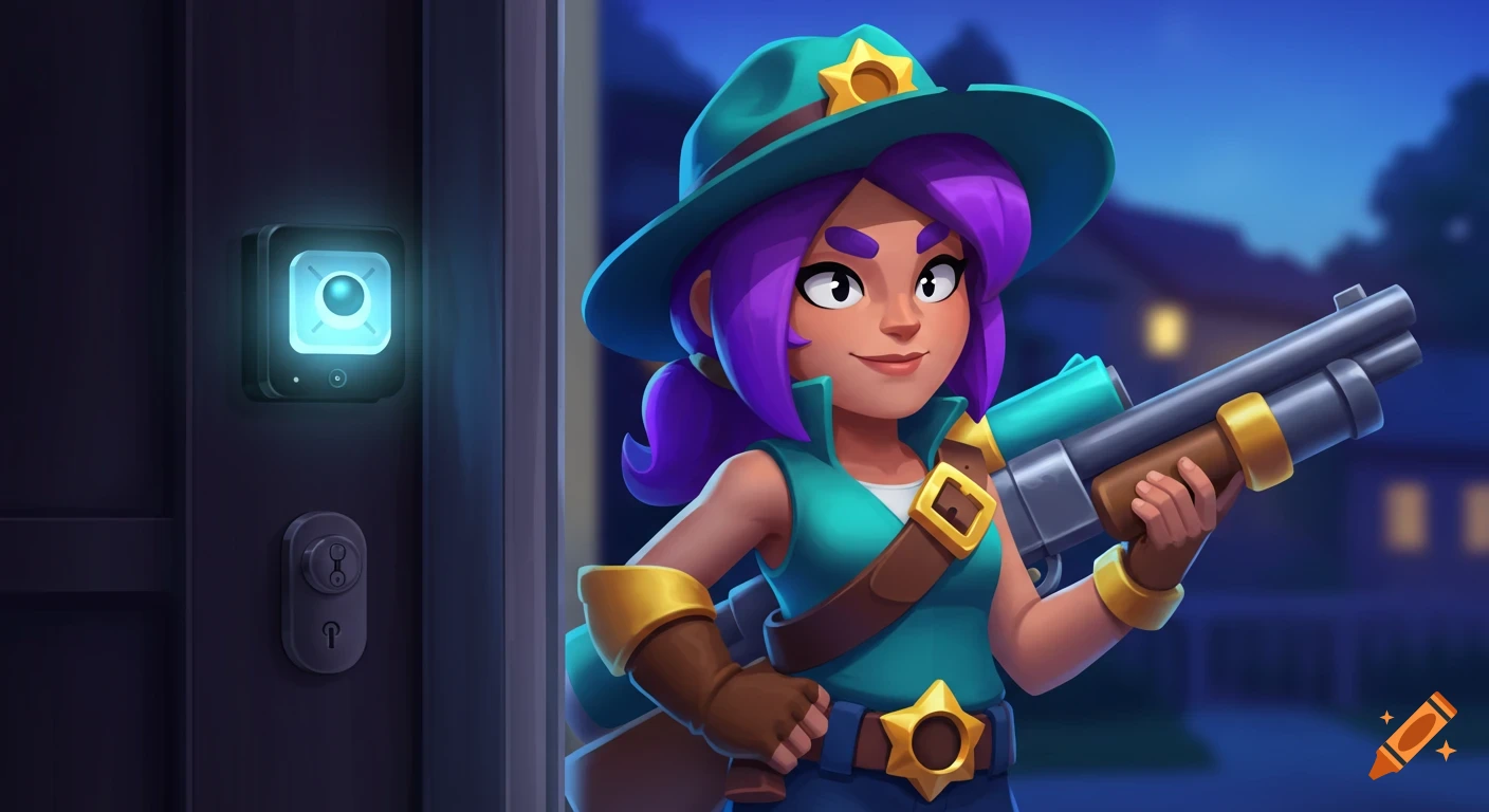 Animated Shelly from Brawl Stars, with a hat and shotgun, stands by a glowing doorbell camera at night.