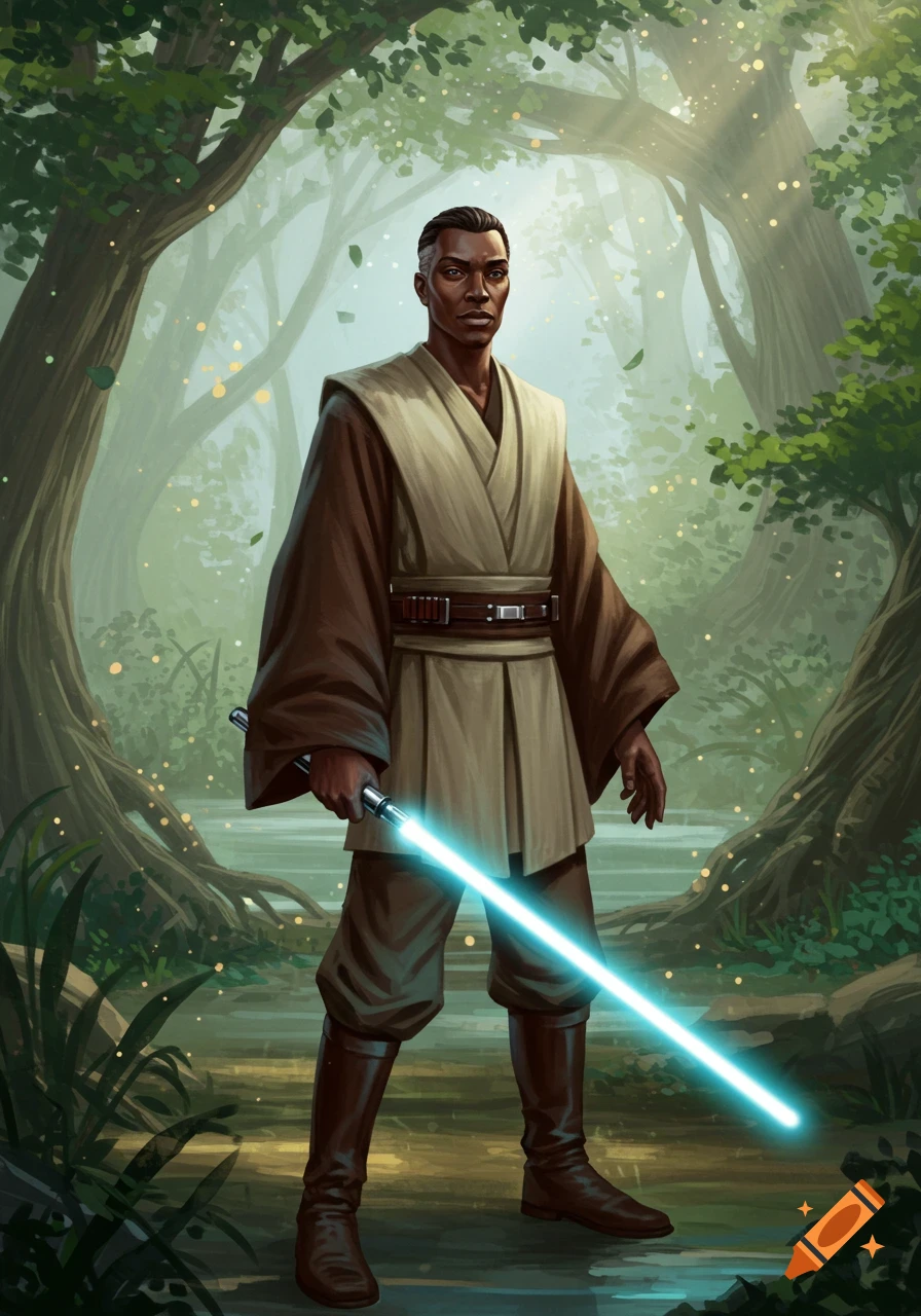 A Black male Jedi Master stands in a misty, magical forest, holding a glowing blue lightsaber. Digital painting.