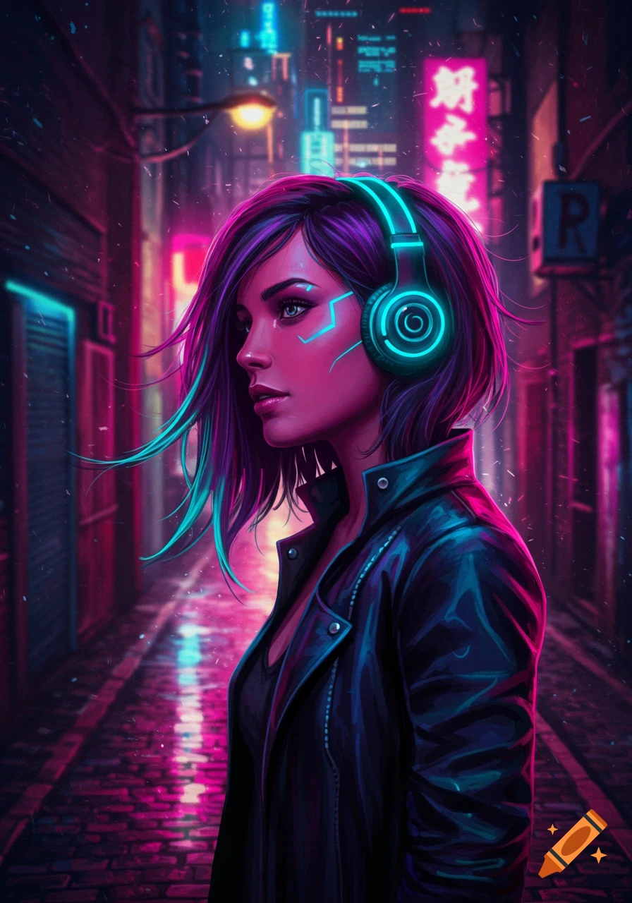 A cyberpunk woman with purple and neon hair, glowing headphones, and a black jacket stands in a neon-lit alley.