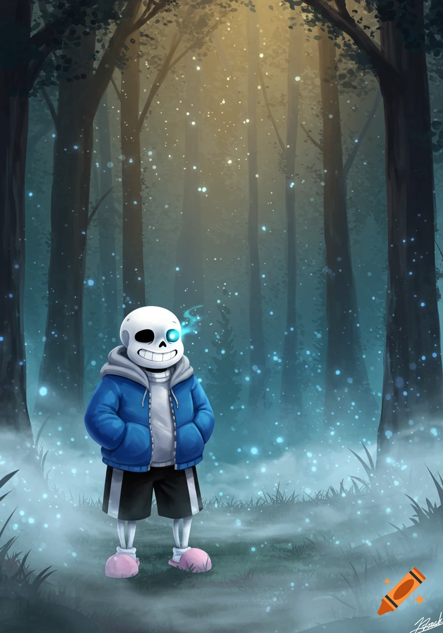 Sans from Undertale stands in a glowing, misty forest with light filtering through the trees, in an illustrated style.