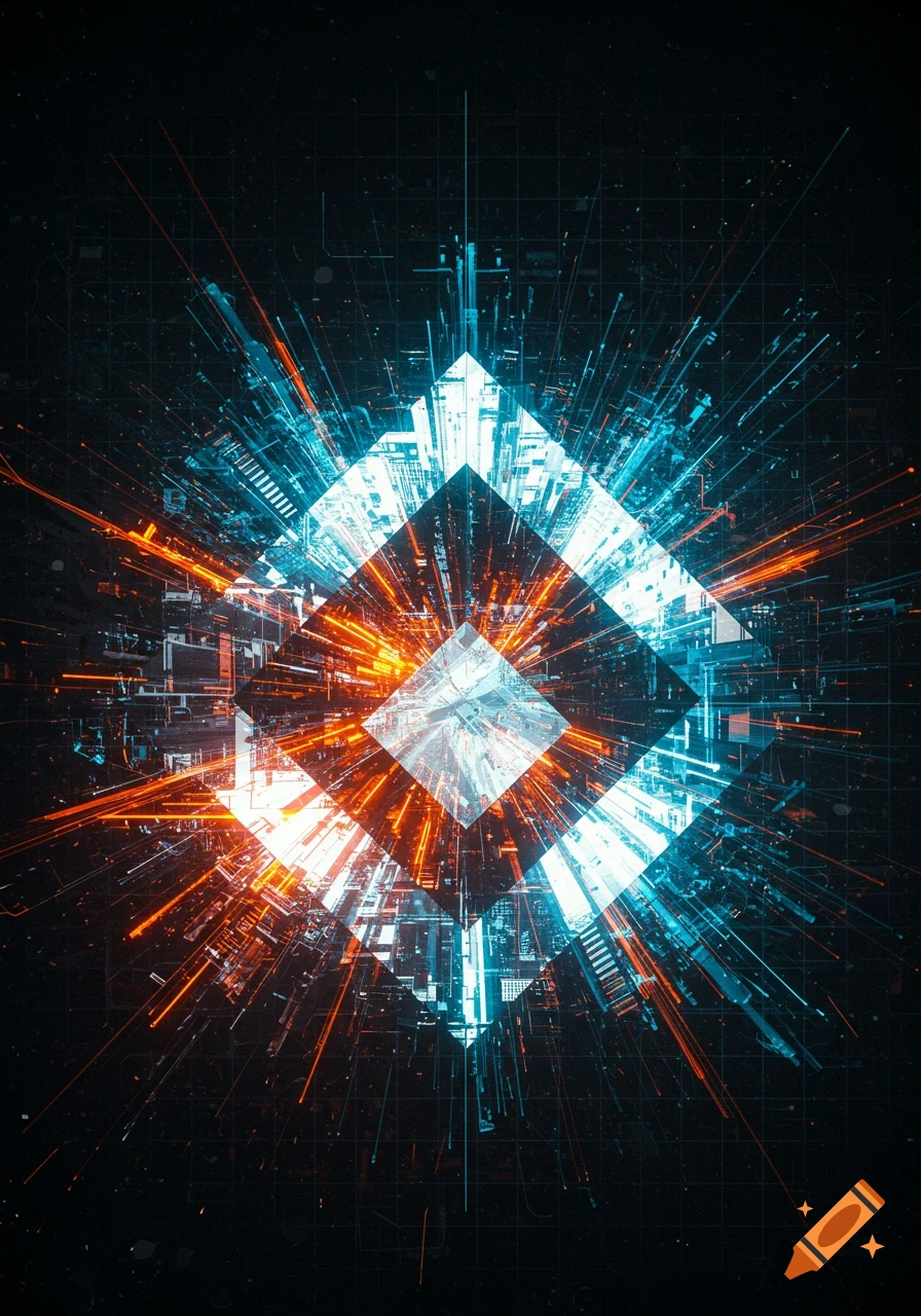 Abstract geometric symbol with a white diamond center, glowing orange and blue light rays, and futuristic structures on a dark grid.