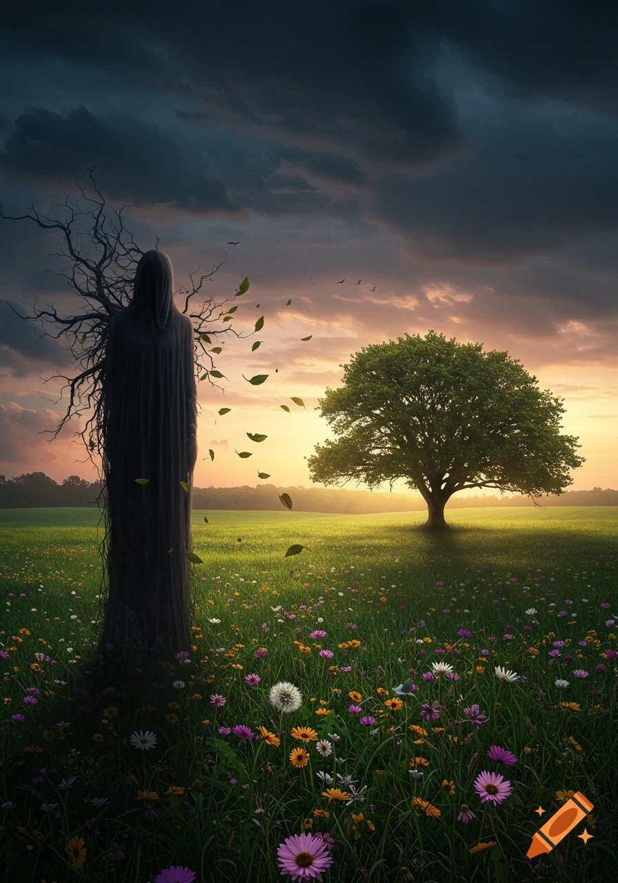 A dark robed figure merged with a bare tree stands in a wildflower field with a vibrant green tree at sunset.