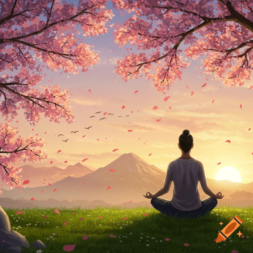 A person meditates in the lotus position on a grassy hill, facing a sunrise over mountains with cherry blossoms overhead, rendered in an illustrative style.