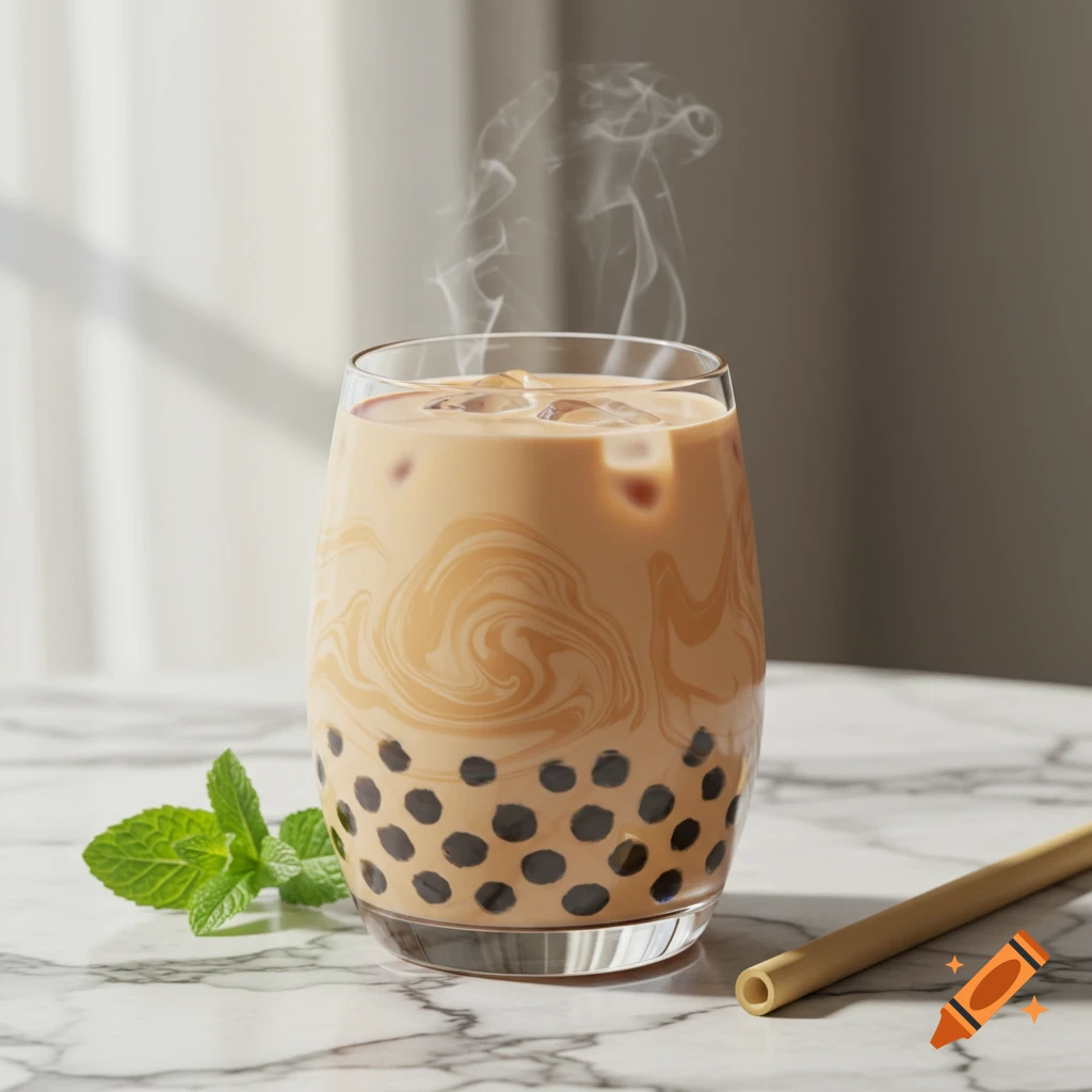 Photorealistic image of a steaming glass of bubble tea with tapioca pearls, ice, a mint sprig, and a straw on a marble table.