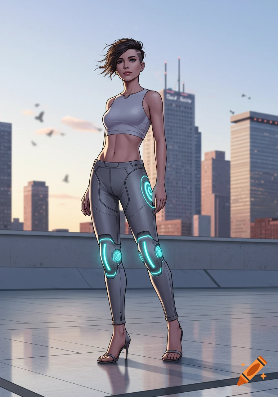 A woman in a futuristic outfit with glowing blue knee and thigh pads stands on a rooftop overlooking a city at sunset. The art style is digital illustration.