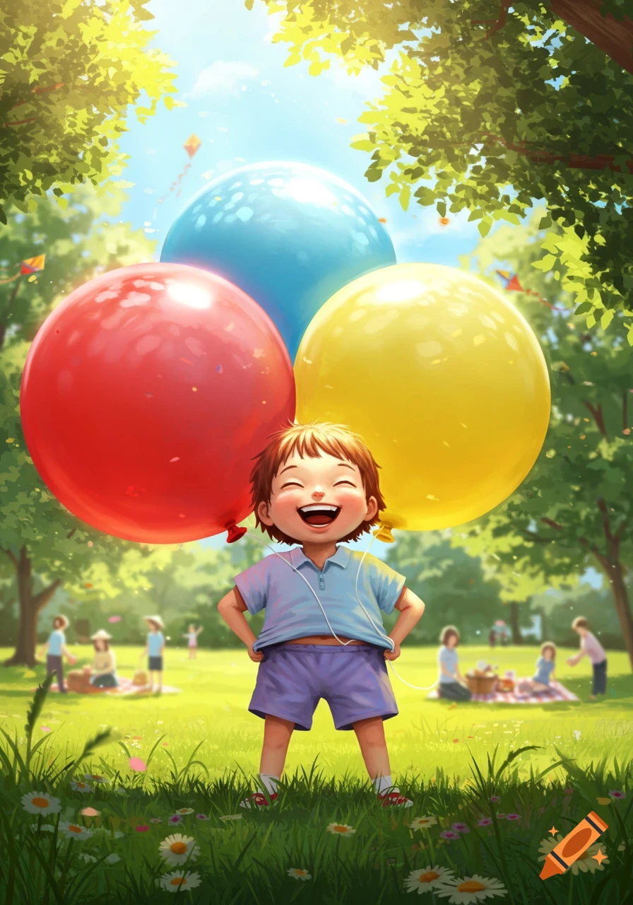 Cheerful child with red, blue, and yellow balloons stands in a sunny park, in an illustrative style.