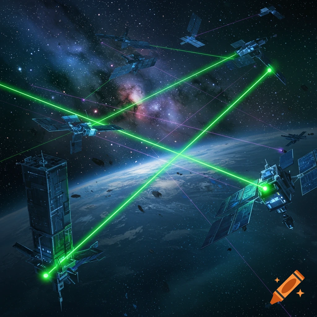 Sci-fi image of advanced satellites in orbit around Earth, connected by glowing green and purple laser beams.