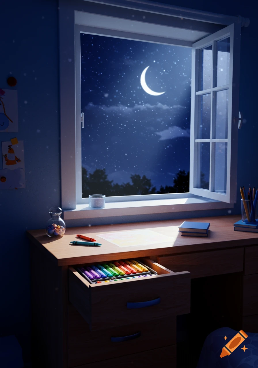 A child's desk by an open window looking out at a starry night sky with a crescent moon. Crayons are in a desk drawer and on the desk.