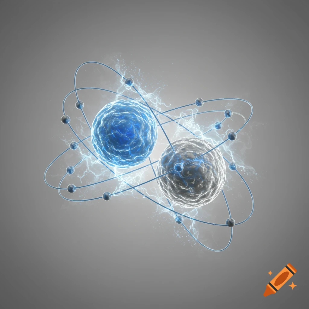 Two glowing spheres, one blue and one gray, surrounded by orbiting arcs and electric energy on a gray background.