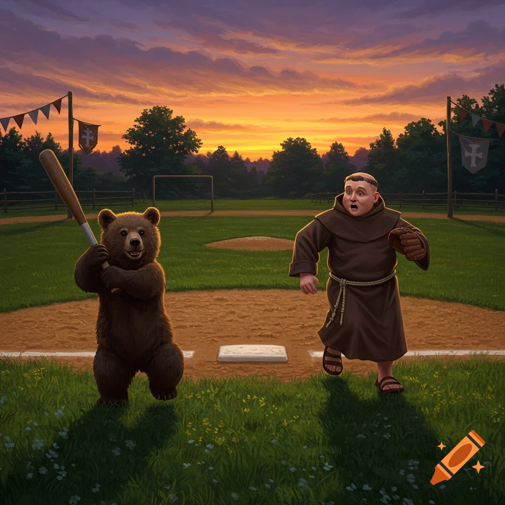 A cute bear cub holding a baseball bat stands on a baseball diamond while a monk in robes and a glove runs. Dramatic sunset sky.