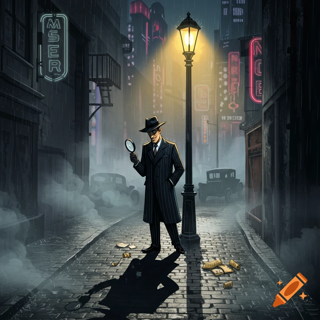 Comic art of a detective in a trench coat and fedora, using a magnifying glass under a streetlamp on a rainy city street at night.
