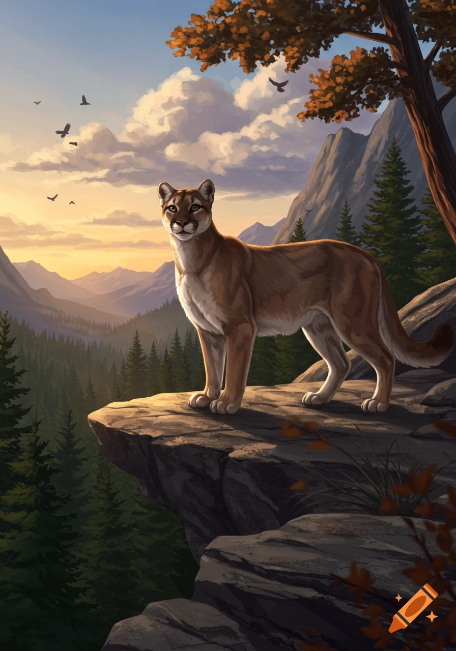 Illustration of a cougar standing on a rocky cliff overlooking a vast mountain range and forest at sunset.