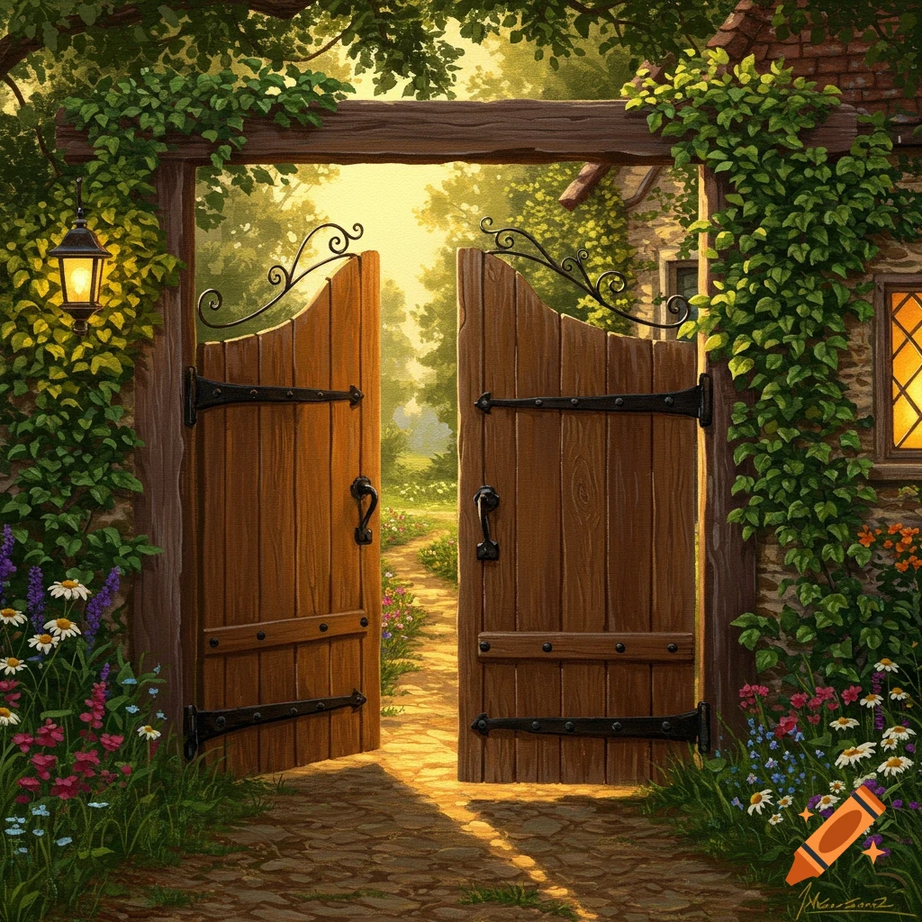 An open rustic wooden gate framed by lush green ivy and trees, revealing a sunlit path to a house with colorful flowers.