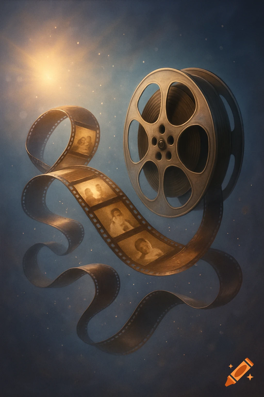 A winding film strip with sepia photos coming from a large film reel against a starry blue background with a bright light.