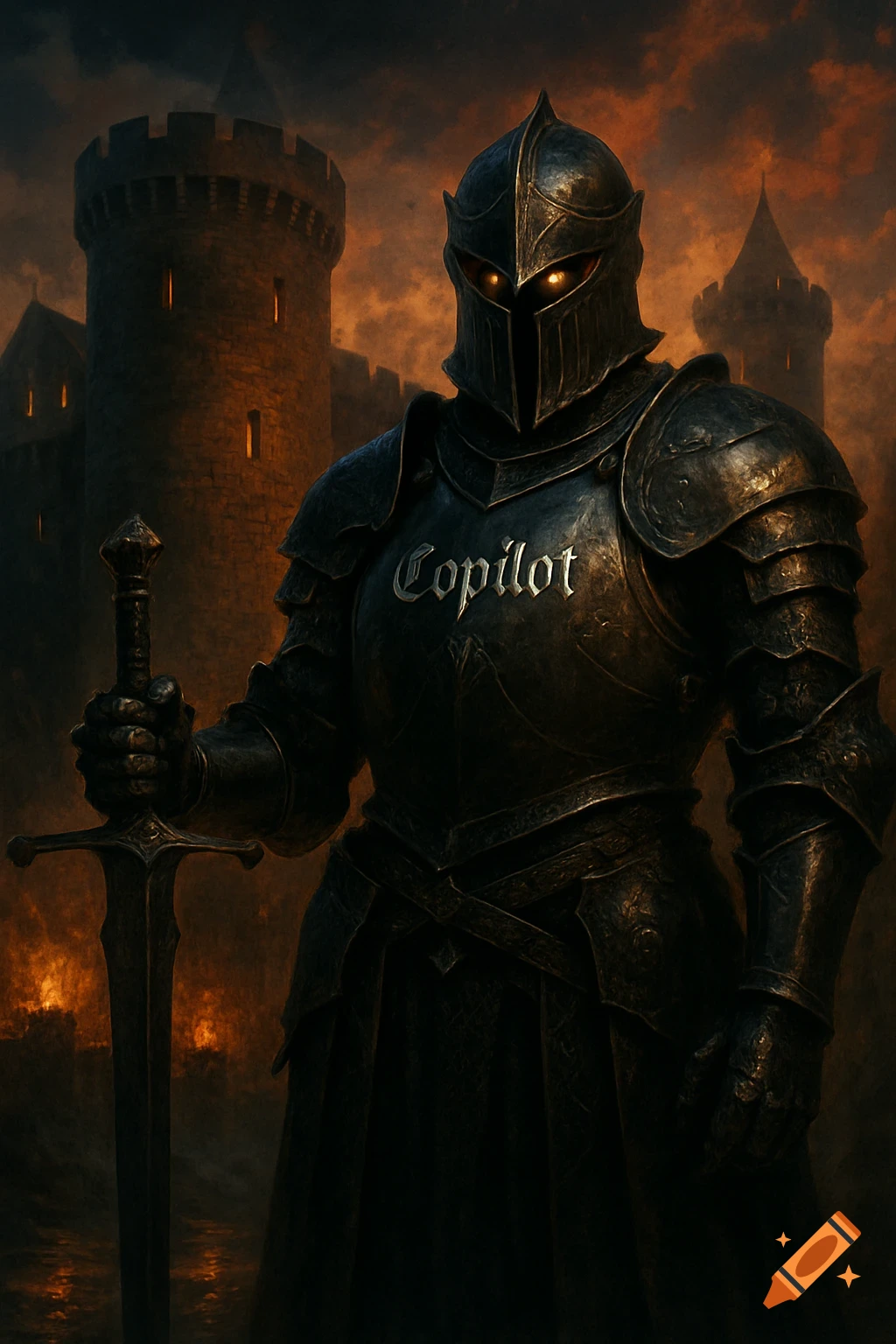 A dark knight in elaborate armor with glowing eyes stands before a castle at dusk, holding a sword. The word "Copilot" is on his chest.
