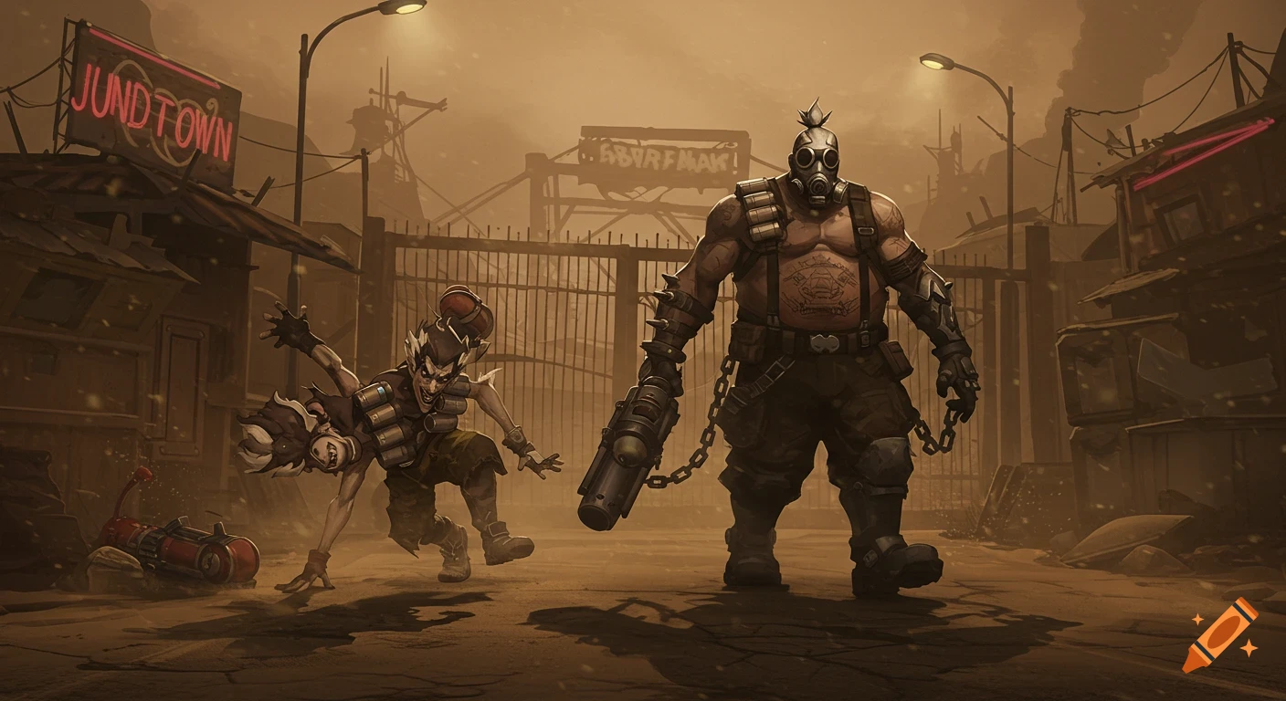 Junkrat and Roadhog from Overwatch are in a dusty, post-apocalyptic town with neon signs, rendered in a detailed digital art style.