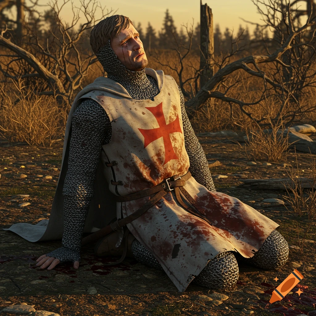 Photorealistic image of a mortally wounded knight Templar in chainmail, kneeling in a woody scrubland at sunset.