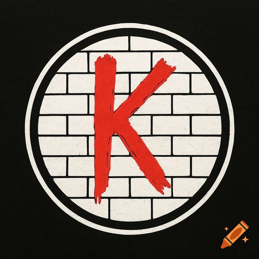 Round logo featuring a brush-stroke red letter 'K' on a white brick wall pattern, set against a black background.