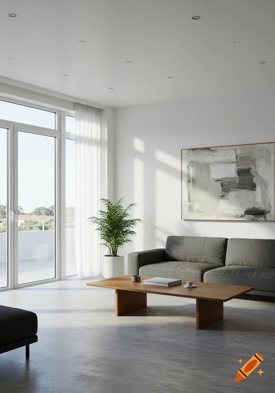 A modern minimalist living room with a grey sofa, wooden coffee table, a green plant, large window, and abstract art on a white wall.