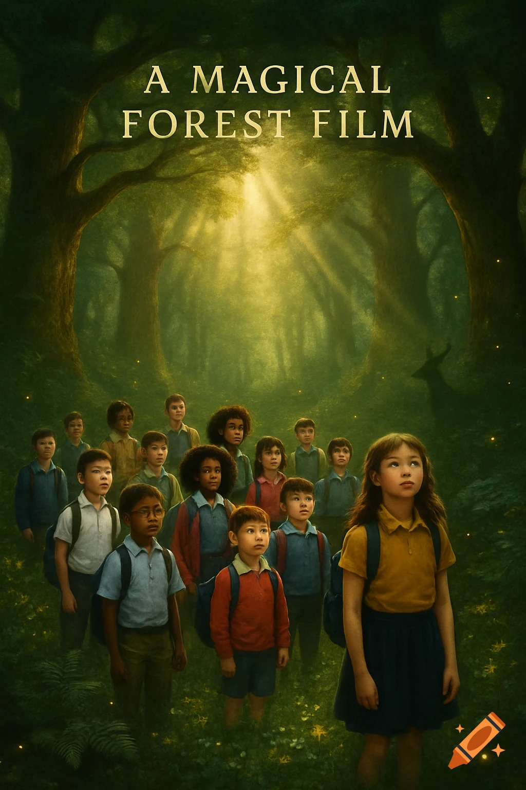 A group of diverse children with backpacks stands in a sun-drenched, magical forest, framed like a film poster titled 'A MAGICAL FOREST FILM'.