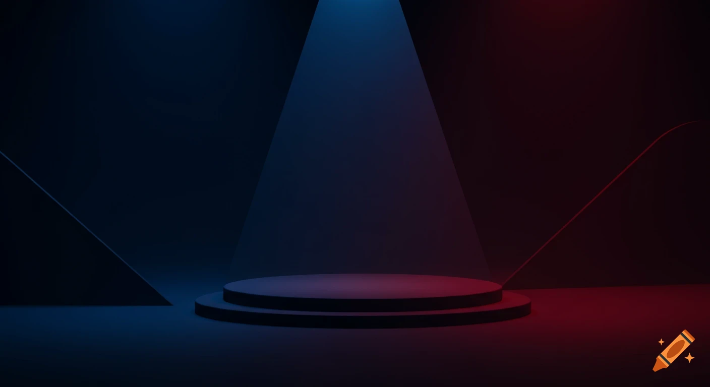 A minimalist, abstract stage illuminated by a blue spotlight, against a backdrop of dark blue and red geometric shapes.
