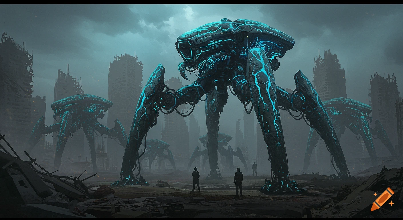 Massive glowing blue biomechanical walkers loom over a destroyed city, with small humans observing, in a dystopian concept art style.