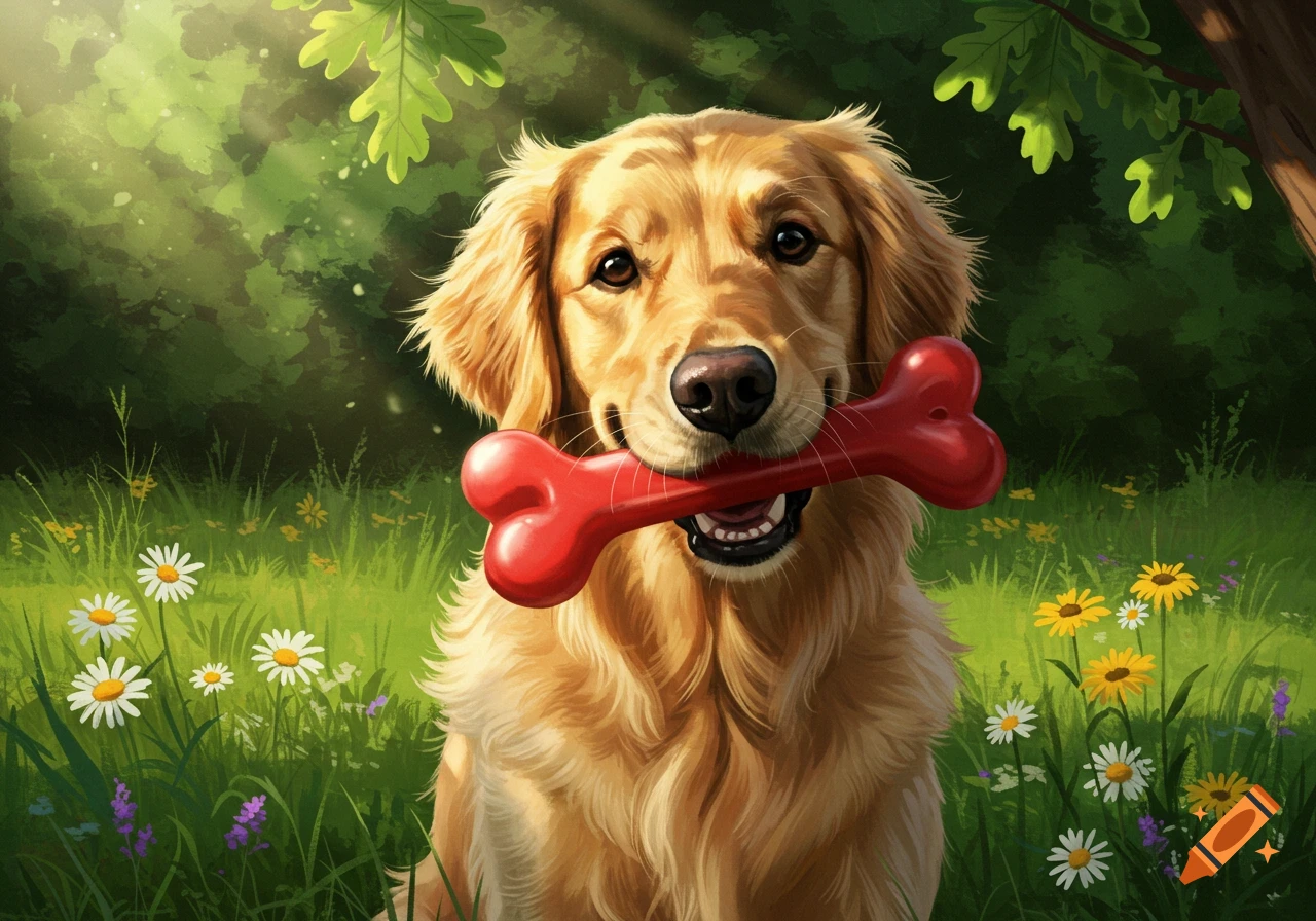 A golden retriever with a red bone in its mouth, sitting in a sunny green field with wildflowers, digital illustration.