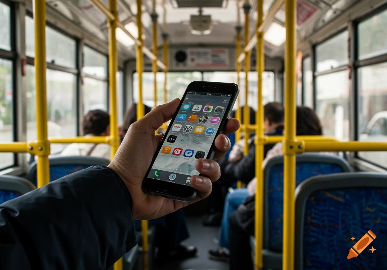 A realistic photo of a person holding a smartphone, showing generic app icons, while riding on a bus with other passengers blurred in the background.