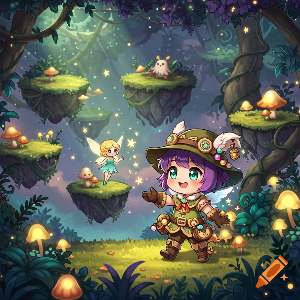 A cute chibi adventurer character reaches out to a small fairy in a whimsical magical forest with floating islands and glowing mushrooms.