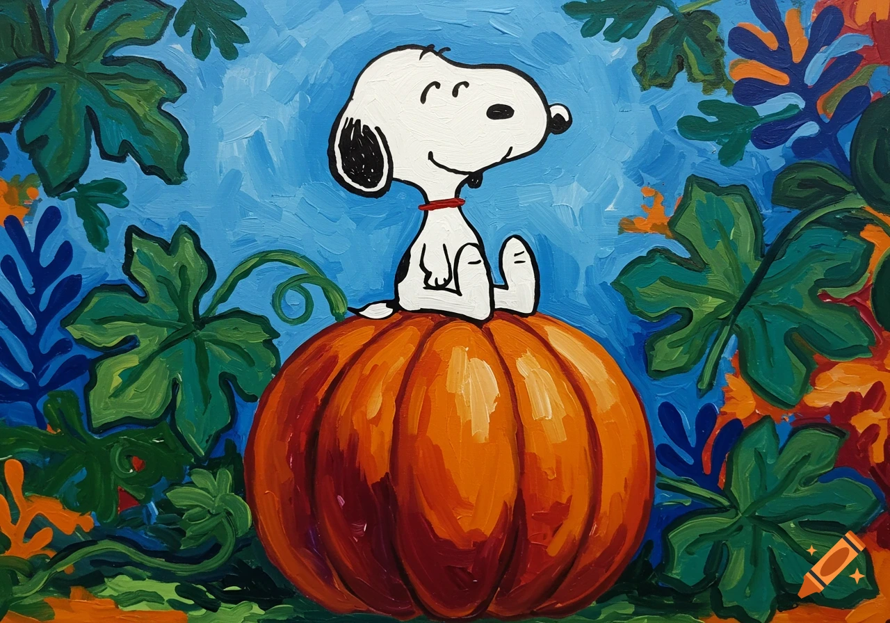 Snoopy, the white cartoon dog, sits happily on an orange pumpkin surrounded by colorful stylized leaves against a blue painted background.