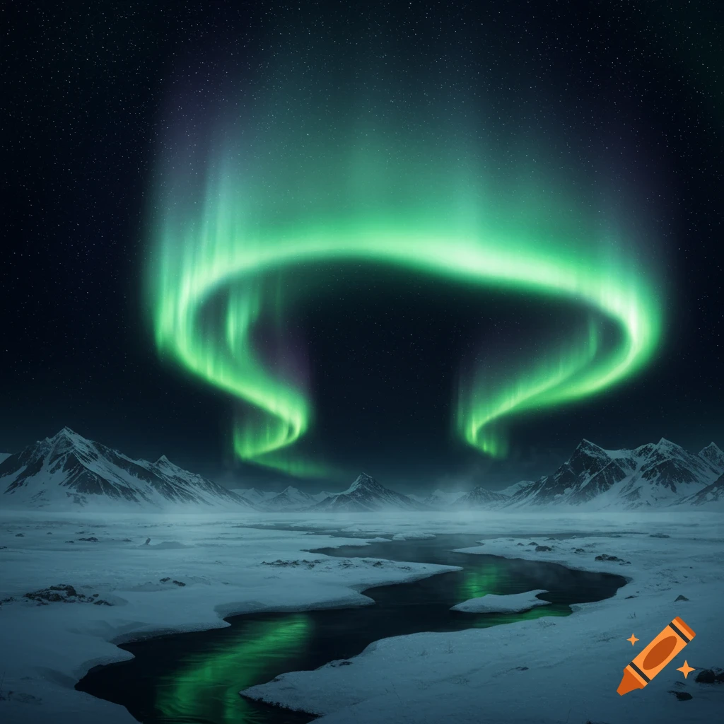 Vibrant green aurora borealis arcs over snow-covered mountains and a winding river under a starry night sky. Photorealistic winter landscape.