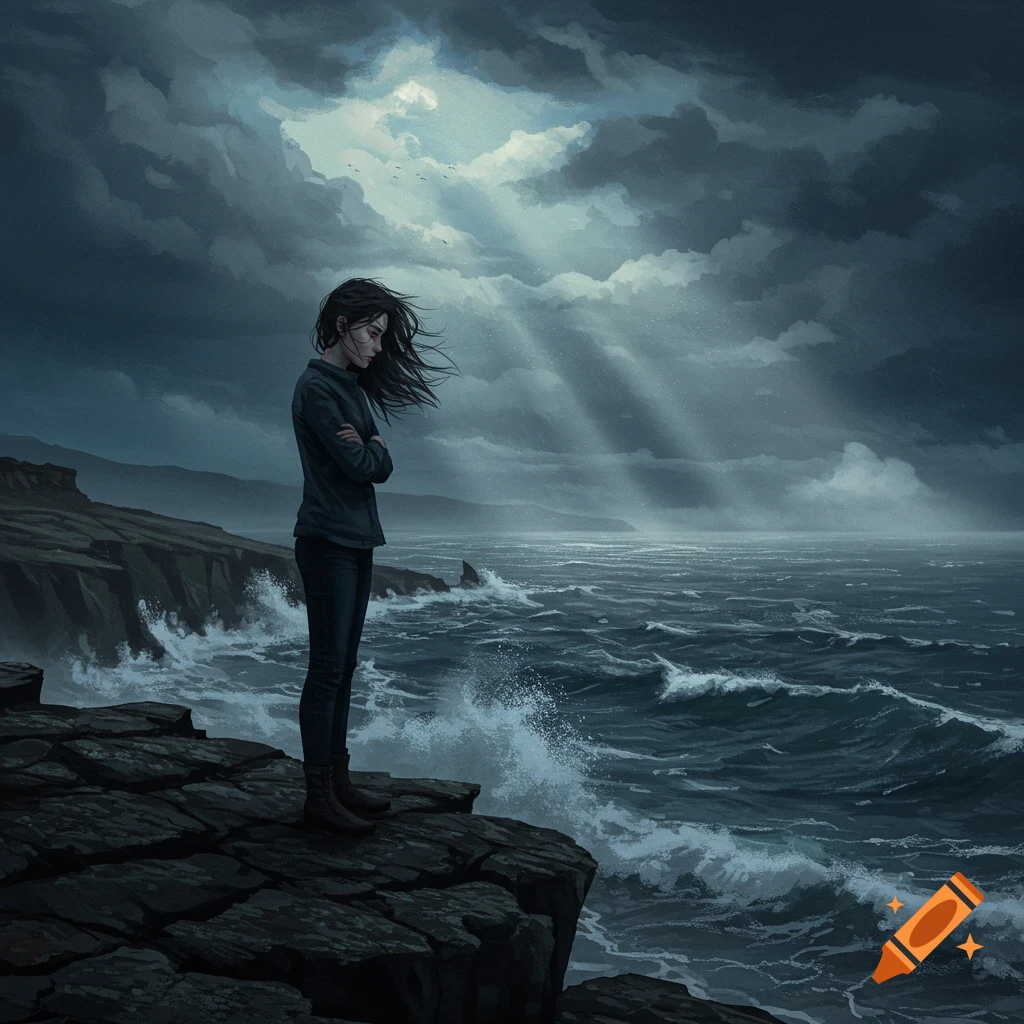 A pensive woman stands on a rocky cliff overlooking a stormy sea with sun rays breaking through dark clouds, digital painting.