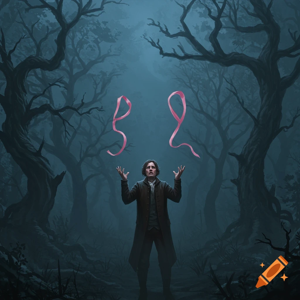 A distressed man in a dark, foggy forest stares up at two floating pink ribbons, in an illustrative style.