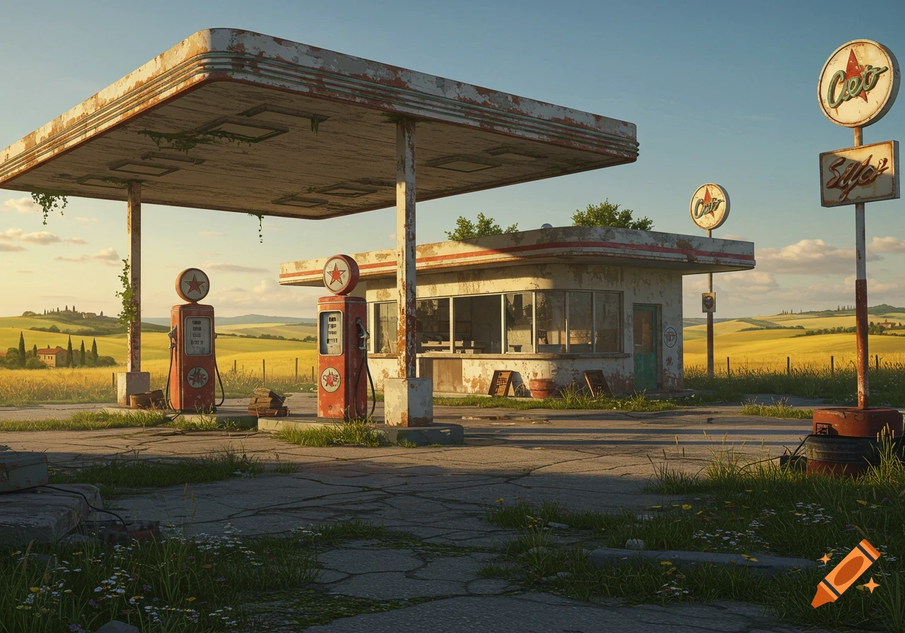 A photorealistic image of an old, abandoned gas station with rusted pumps and signs, surrounded by tall golden fields and rolling hills under a bright sky.