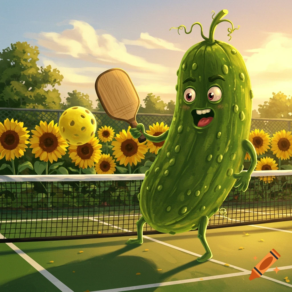 A cheerful cartoon pickle playing pickleball on a green court with a net, surrounded by sunflowers under a sunny sky.