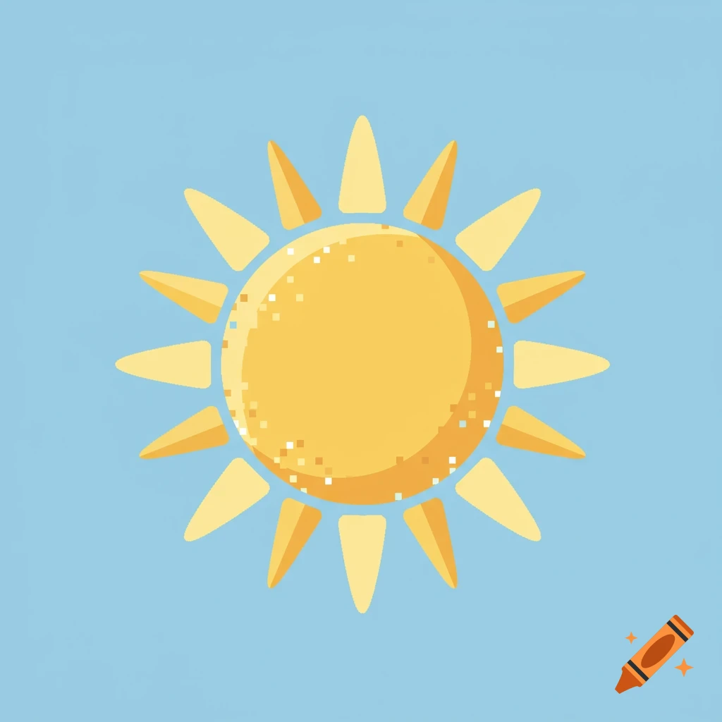 A stylized dithered yellow sun icon with rays on a light blue background.