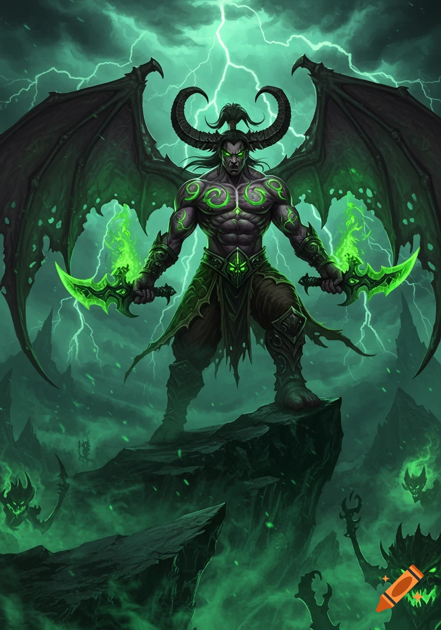 A muscular, horned demon with large wings, green glowing tattoos, and dual blades stands on a rocky peak in a stormy, green-lit fantasy landscape.